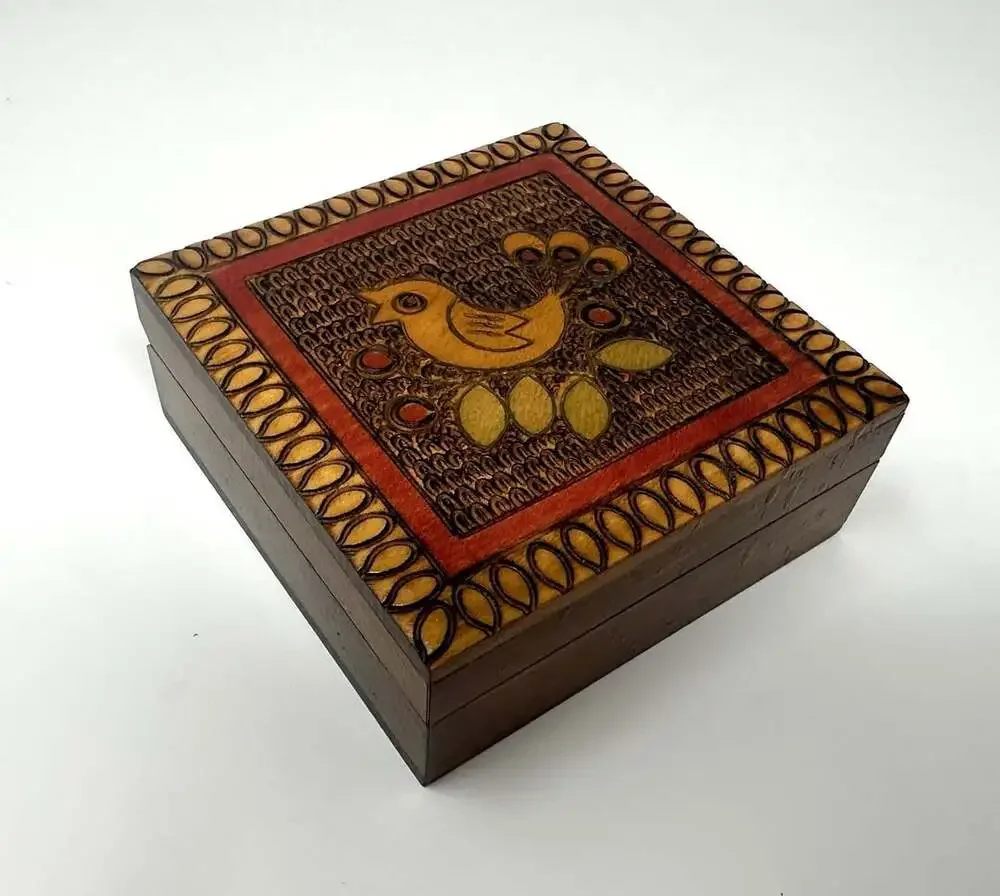 Mid-Century Polish Folk Art Wooden Bird Trinket Box from Poland vtg pyrography